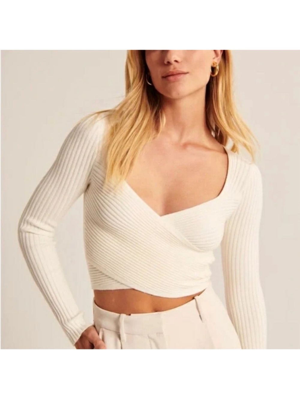 Abercrombie & Fitch Cream Ribbed Wrap Crop Top
